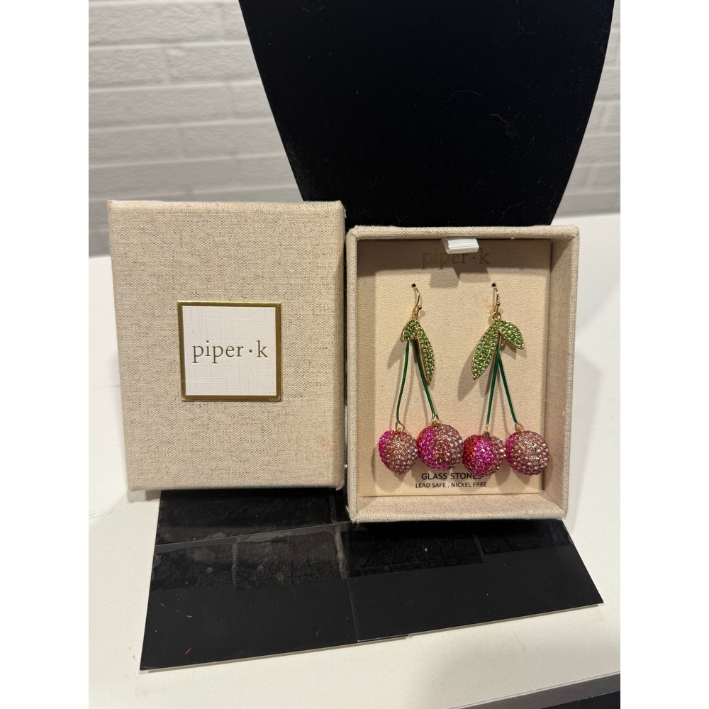 Piper K‎ Cherry Earrings Pink Rhinestone Fruit Dangle Drop Gold Tone